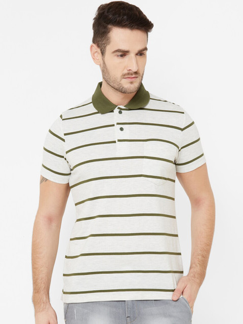 

Sweet Dreams Men White & Olive Green Striped Polo Collar T-shirt