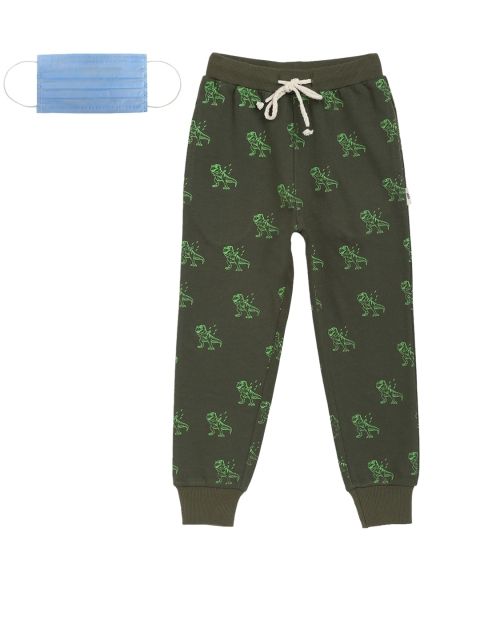 

Lil Tomatoes Boys Olive Green Printed Straight-Fit Joggers With Face Mask