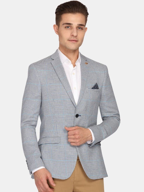 

Theme Men Blue & White Self-Design Super Slim-Fit Single-Breasted Casual Blazer