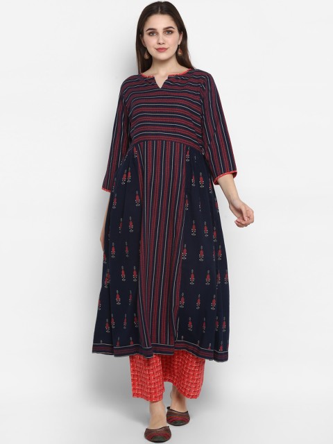 

ZOEYAMS Women Navy Blue & Red Striped Anarkali Kurta