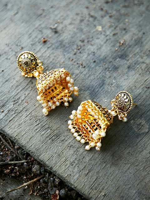 

ZeroKaata Gold-Plated & White Dome Shaped Jhumkas