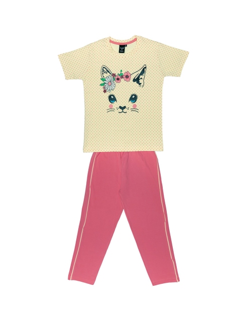 

Todd N Teen Girls Cream-Coloured & Pink Printed Night suit
