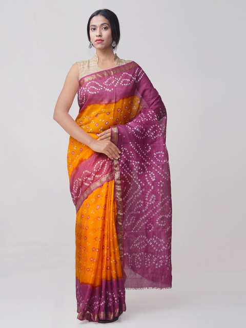 

Unnati Silks Orange & Pink Pure Silk Woven Design Bandhani Saree