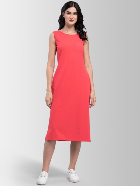 

FableStreet Women Coral Pink Solid Midi Shift Dress with Pocket Detail