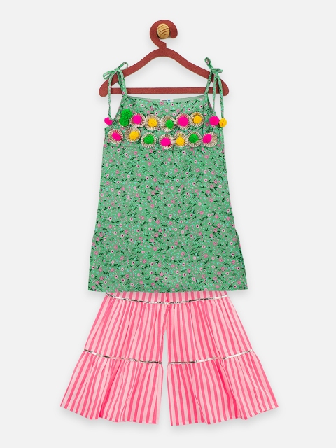 

LilPicks Girls Green & Pink Floral Kurta with Sharara
