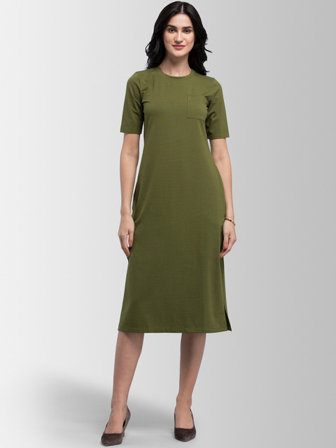 

FableStreet Women Olive Green Solid Midi Shift Dress with Pocket Detail