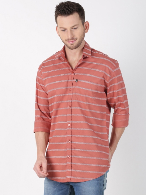 

LEVIZO Men Coral Orange & White Premium Classic Fit Striped Casual Shirt
