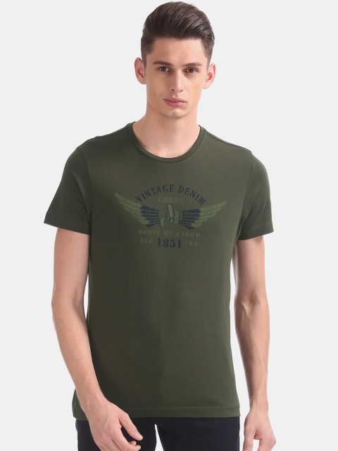 Arrow Men Green Printed Round Neck Pure Cotton T-shirt