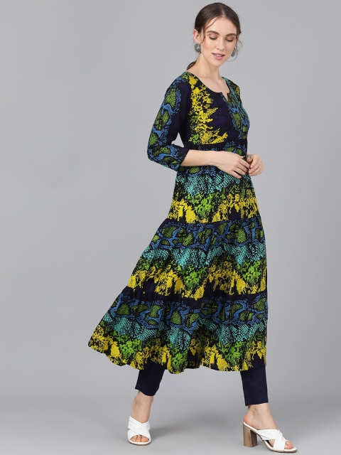 

AKS Women Navy Blue & Green Printed Anarkali Kurta
