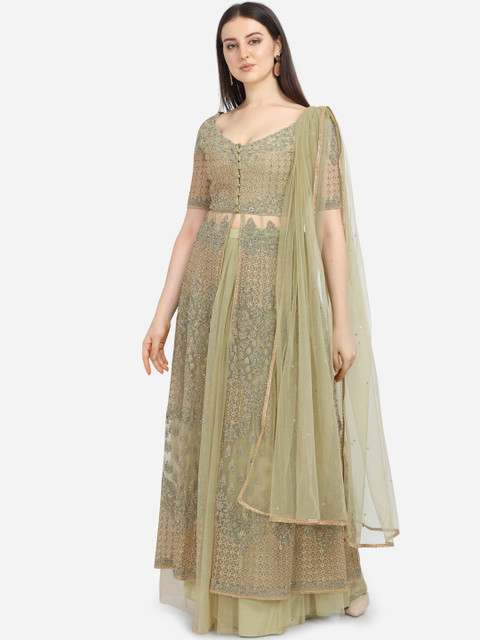 

Stylee LIFESTYLE Green & Beige Net Semi-Stitched Dress Material