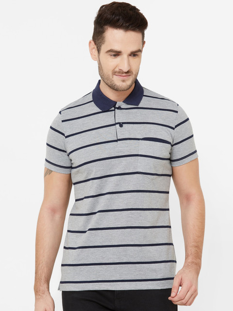 

Sweet Dreams Men Grey & Navy Blue Striped Polo Collar T-shirt