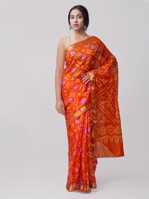 

Unnati Silks Orange Pure Silk Woven Design Bandhani Saree