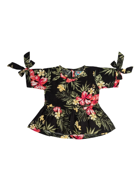 

Kid Studio Girls Black & Green Tropical Print Cinched Waist Pure Cotton Top with Tie-Ups