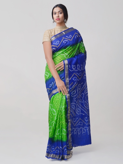 

Unnati Silks Green & Blue Bandhani Print Pure Silk Saree