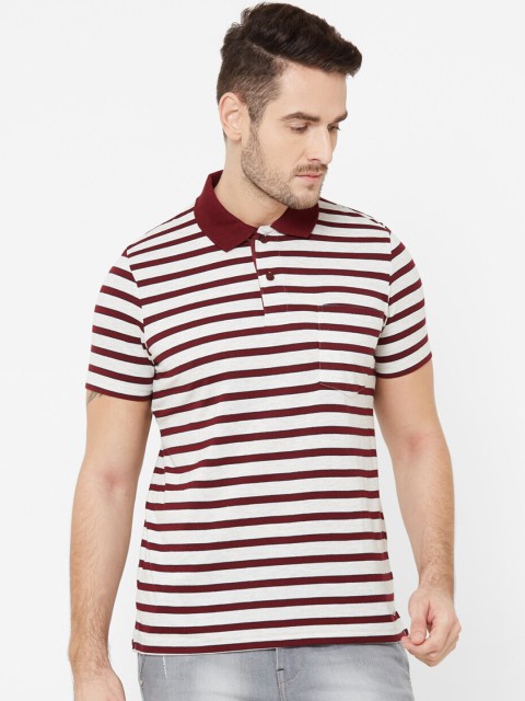 

Sweet Dreams Men White & Maroon Striped Polo Collar T-shirt
