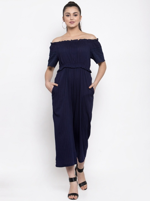 

Global Republic Women Navy Blue Solid Capri Jumpsuit