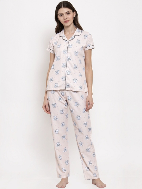 Global Republic Women Peach-Coloured & Blue Printed Night Suit