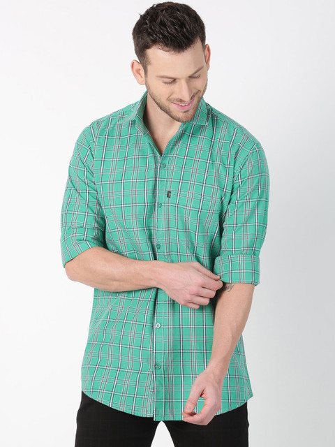 

LEVIZO Men Sea Green & White Premium Classic Fit Checked Casual Shirt