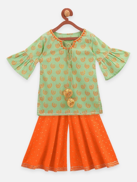 

LilPicks Girls Green & Orange Printed Kurti with Palazzos