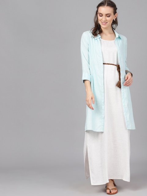 

AKS Women Turquoise Blue Solid Longline Open Front Jacket