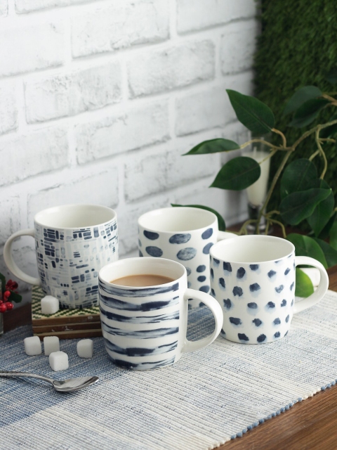 

House Of Accessories White & Navy Blue 4 Pcs Printed Ceramic Mugs Set