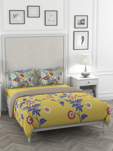 

Portico New York Yellow & Blue Floral Cadence Bedsheet With Pillow Covers & Duvet Cover