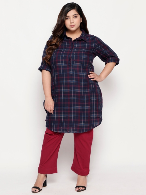 

Amydus Women's Maroon & Blue Checked Longline Shirt Tunic