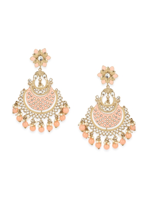 

ANIKAS CREATION Peach-Coloured & Gold-Plated Crescent Shaped Meenakari Chandbalis