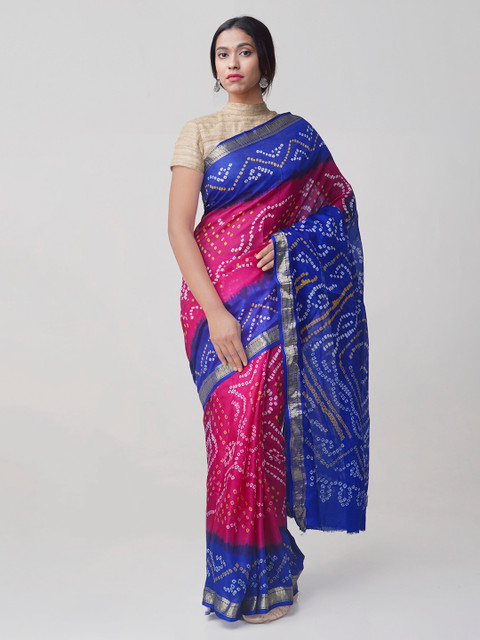 

Unnati Silks Pink & Navy Blue Pure Silk Printed Bandhani Saree