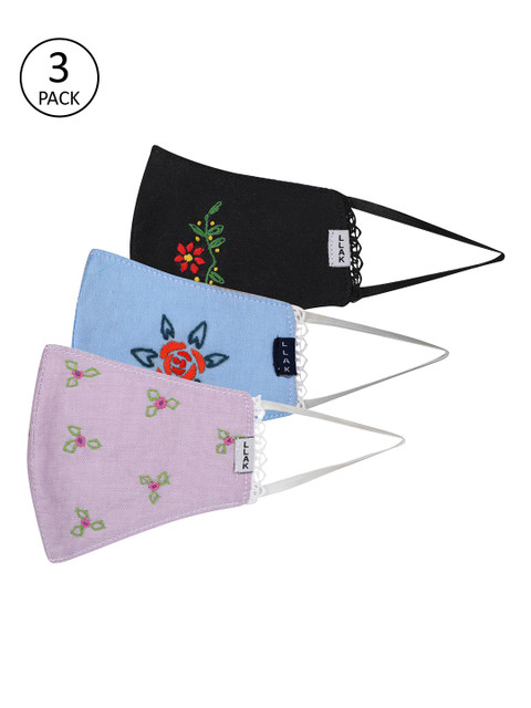 

Llak Jeans Unisex 3 Pcs Embroidered 3-Ply Reusable Cloth Masks, Lavender