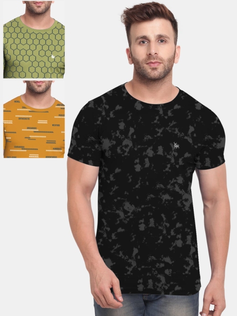 

BULLMER Men Pack of 3 Printed Round Neck T-shirts, Black