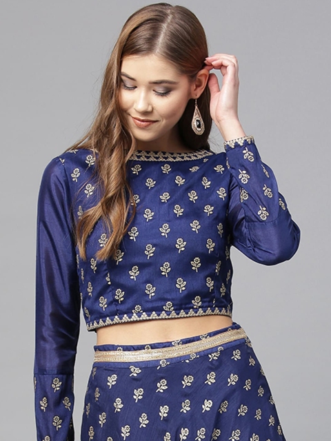 

Juniper Women Blue & Gold-Coloured Emboss Printed Dupion Silk Saree Blouse