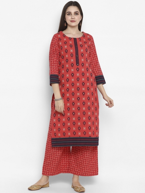 ZOEYAMS Women Coral Red Printed Straight Kurta