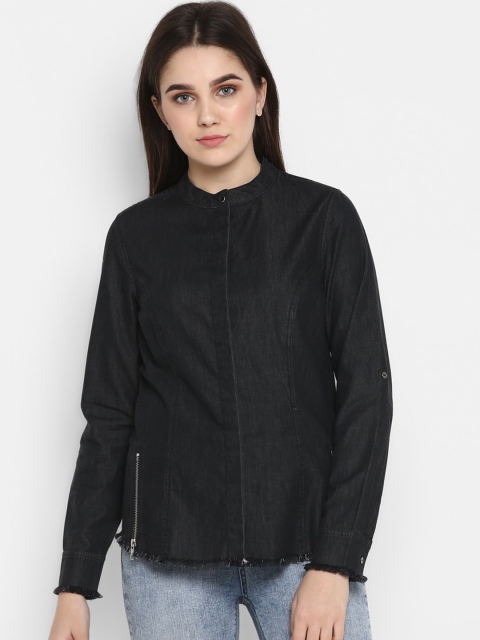 

FOSH Women Black Regular Fit Solid Casual Shirt