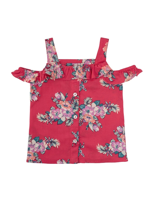 

Kid Studio Girls Red & Pink Floral Print Regular Pure Cotton Top with Ruffle Detail