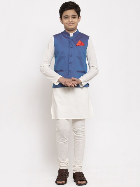

NEUDIS Boys Off-White & Blue Solid Kurta with Churidar & Nehru Jacket