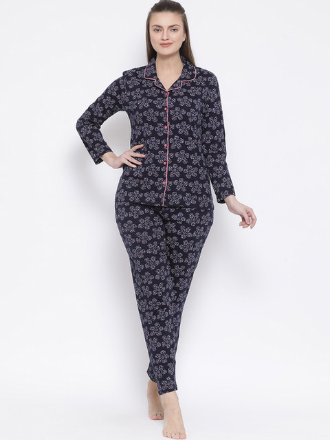 

Kanvin Women Navy Blue Printed Night suit