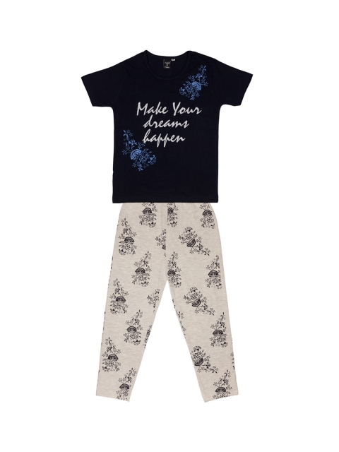 

Todd N Teen Girls Navy Blue & Grey Printed Night suit