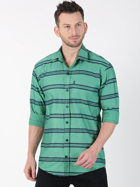 

LEVIZO Men Sea Green & Navy Blue Premium Classic Fit Striped Casual Shirt