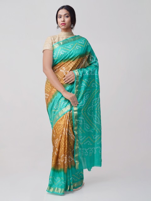 

Unnati Silks Turquoise Blue & Brown Bandhani Print Pure Silk Saree