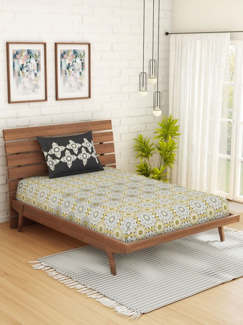

CORE Designed by SPACES Grey & Yellow Floral 144 TC Cotton 1 Single Bedsheet with 1 Pillow Covers