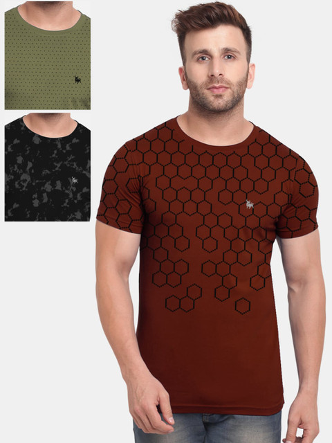 

BULLMER Men Pack of 3 Printed Round Neck T-shirt, Maroon