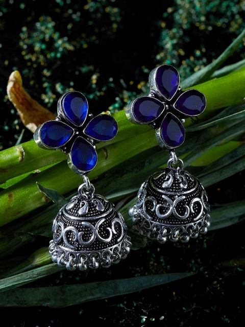 

ZeroKaata Silver-Plated & Blue Dome Shaped Jhumkas