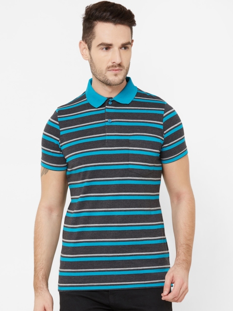 Men Grey & Blue Striped Polo Collar T-shirt