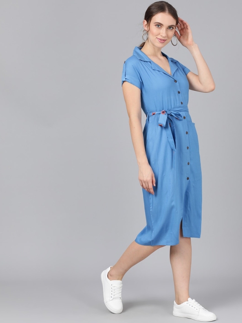 

AKS Women Blue Solid Shirt Dress With Belt