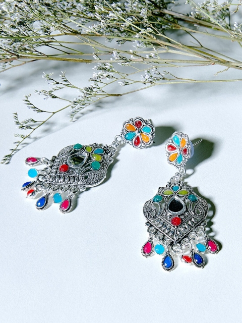 

ZeroKaata Silver-Plated Multicoloured Handcrafted Oxidised Mirror Shaped Drop Earrings