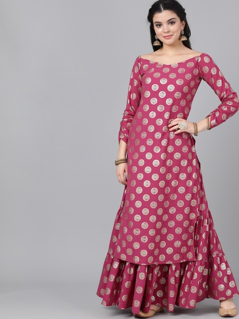 

AKS Couture Women Magenta & Gold Foil Print Off-Shoulder Straight Kurta
