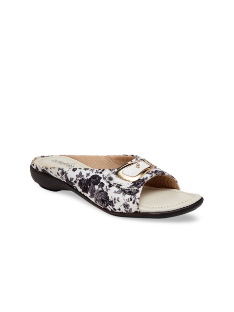 

Butterflies Women White & Grey Floral Printed PU Open Toe Flats
