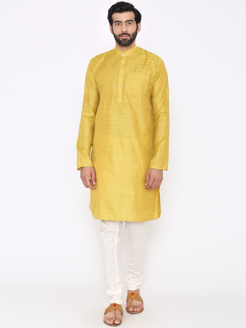 

Wintage Men Yellow & White Woven Design Kurta with Pyjamas