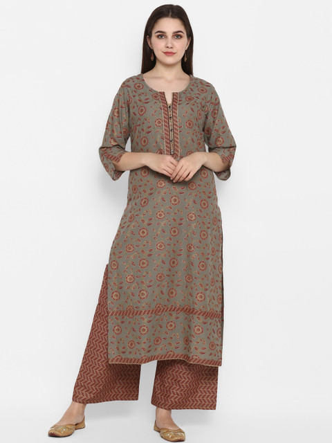 

ZOEYAMS Women Grey & Red Printed Straight Kurta